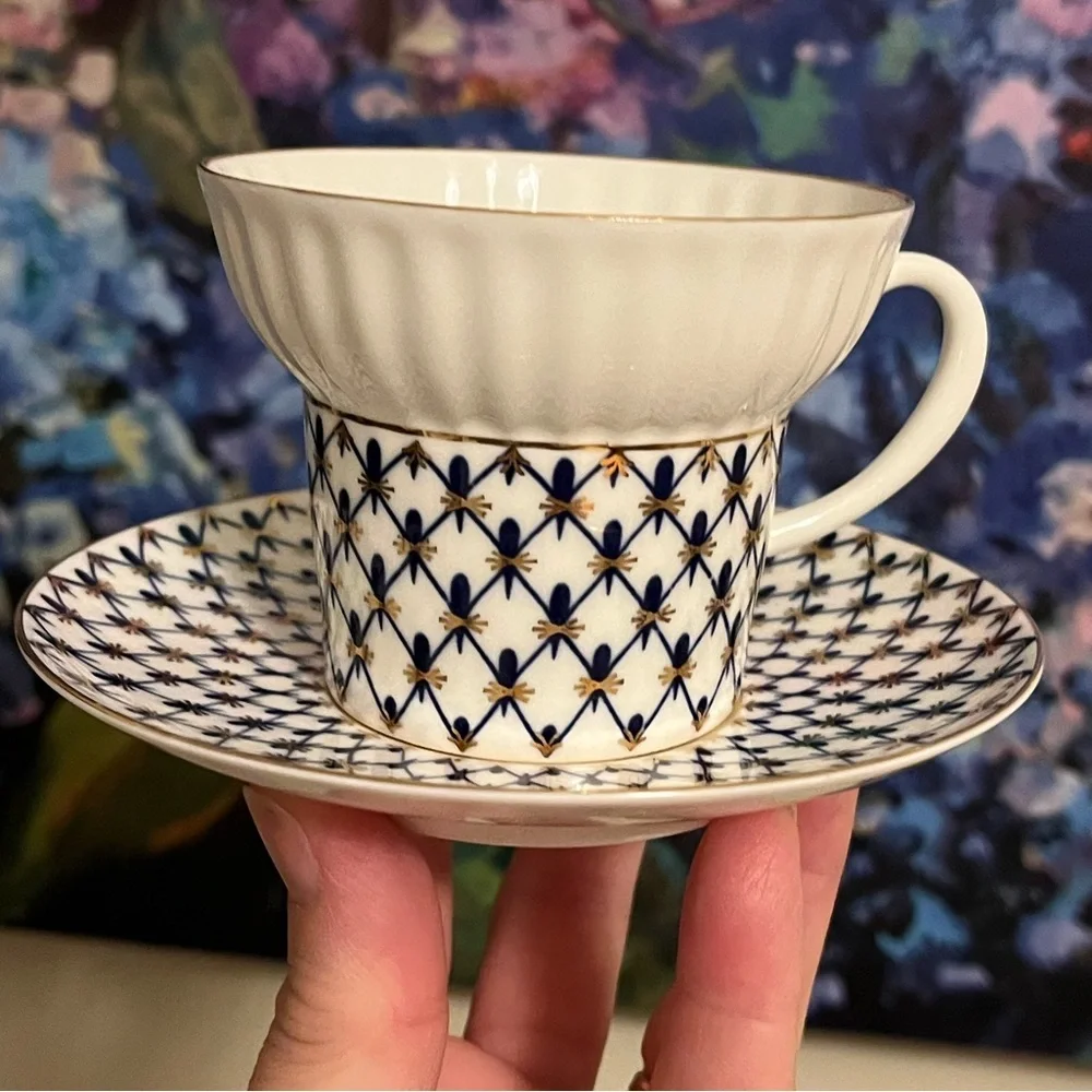Lomonosov Imperial Bone China Porcelain Coffee Cup Wave Cobalt Net 155 ml